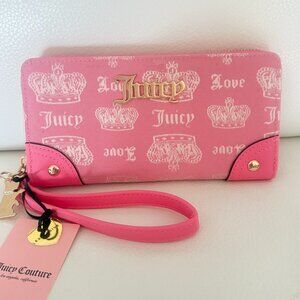 NWT JUICY COUTURE FAN CLUB LARGE ZIP AROUND WALLET PINK LEMONADE WRISTLET